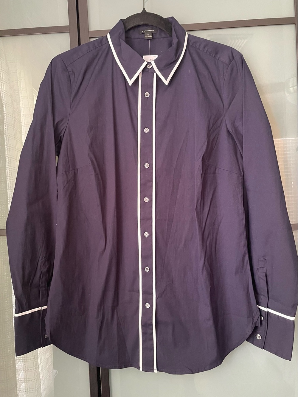 NWT Ann Taylor Navy Button-Down Shirt with White Piping
